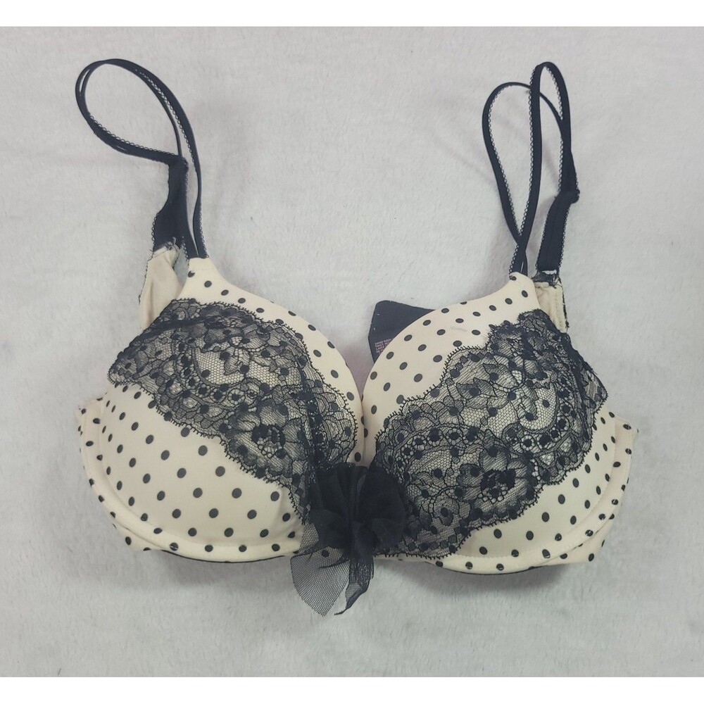 Victoria's Secret Dream Angels Black White Polka Dot Push Up Bra 34C Lace Trim